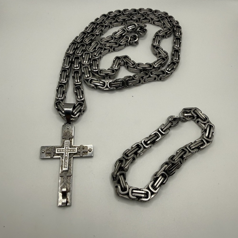 Heavy Stainless Steel Byzantine Chain Necklace Bracelet Set‎ Cross Pendant